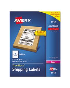 AVE5912 SHIPPING LABELS W/ TRUEBLOCK TECHNOLOGY, LASER PRINTERS, 5.5 X 8.5, WHITE, 2/SHEET, 250 SHEETS/BOX