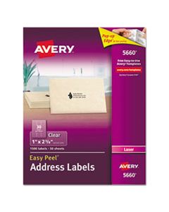 AVE5660 MATTE CLEAR EASY PEEL MAILING LABELS W/ SURE FEED TECHNOLOGY, LASER PRINTERS, 1 X 2.63, CLEAR, 30/SHEET, 50 SHEETS/BOX