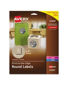 AVE22808 RECYCLED ROUND PRINT-TO-THE EDGE LABELS, 2 1/2" DIA, KRAFT BROWN, 225/PK