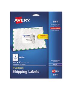 AVE8168 SHIPPING LABELS W/ TRUEBLOCK TECHNOLOGY, INKJET PRINTERS, 3.5 X 5, WHITE, 4/SHEET, 25 SHEETS/PACK