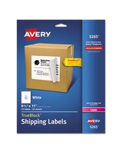 AVE5265 SHIPPING LABELS WITH TRUEBLOCK TECHNOLOGY, LASER PRINTERS, 8.5 X 11, WHITE, 25/PACK