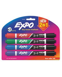 SAN1944655 2-IN-1 DRY ERASE MARKERS, BROAD/FINE CHISEL TIP, ASSORTED COLORS, 4/PACK