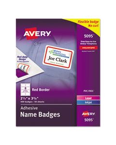 AVE5095 FLEXIBLE ADHESIVE NAME BADGE LABELS, 3.38 X 2.33, WHITE/RED BORDER, 400/BOX