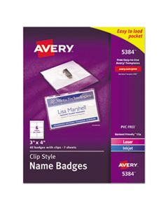 AVE5384 CLIP-STYLE NAME BADGE HOLDER WITH LASER/INKJET INSERT, TOP LOAD, 4 X 3, WHITE, 40/BOX