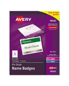 AVE74540 PIN-STYLE BADGE HOLDER WITH LASER/INKJET INSERT, TOP LOAD, 4 X 3, WHITE, 100/BOX