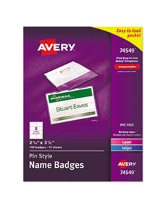 AVE74549 PIN-STYLE BADGE HOLDER WITH LASER/INKJET INSERT, TOP LOAD, 3.5 X 2.25, WHITE, 100/BOX
