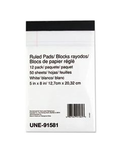 UNE91581 RULED WRITING PAD, NARROW RULE, 5 X 8, WHITE, 50 SHEETS, DOZEN