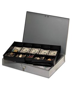MMF2215CBTGY EXTRA-WIDE STEEL CASH BOX W/10 COMPARTMENTS, KEY LOCK, GRAY