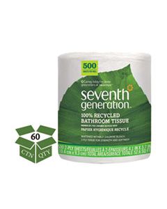 SEV137038 100% RECYCLED BATHROOM TISSUE, SEPTIC SAFE, 2-PLY, WHITE, 500 SHEETS/JUMBO ROLL, 60/CARTON