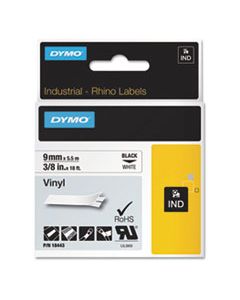 DYM18443 RHINO PERMANENT VINYL INDUSTRIAL LABEL TAPE, 0.37" X 18 FT, WHITE/BLACK PRINT