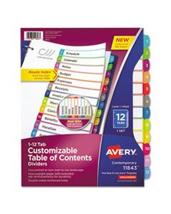 AVE11843 CUSTOMIZABLE TOC READY INDEX MULTICOLOR DIVIDERS, 1-12, LETTER