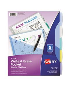 AVE16176 WRITE AND ERASE DURABLE PLASTIC DIVIDERS WITH POCKET, 3-HOLD PUNCHED, 5-TAB, 11.13 X 9.25, ASSORTED, 1 SET