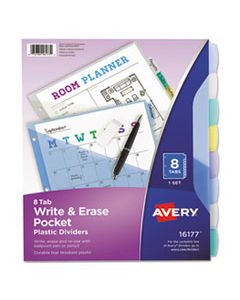 AVE16177 WRITE AND ERASE DURABLE PLASTIC DIVIDERS WITH POCKET, 3-HOLD PUNCHED, 8-TAB, 11.13 X 9.25, ASSORTED, 1 SET