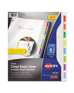 AVE16741 CLEAR EASY VIEW PLASTIC DIVIDERS WITH MULTICOLORED TABS AND SHEET PROTECTOR, 8-TAB, 11 X 8.5, CLEAR, 1 SET