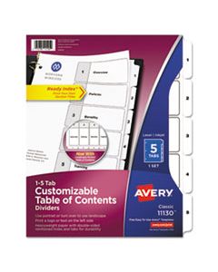 AVE11130 CUSTOMIZABLE TOC READY INDEX BLACK AND WHITE DIVIDERS, 5-TAB, LETTER