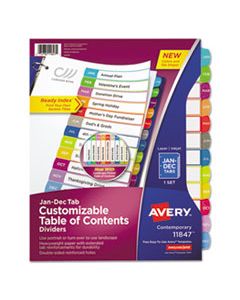 AVE11847 CUSTOMIZABLE TOC READY INDEX MULTICOLOR DIVIDERS, JAN-DEC, LETTER