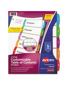 AVE11840 CUSTOMIZABLE TOC READY INDEX MULTICOLOR DIVIDERS, 1-5, LETTER