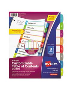 AVE11841 CUSTOMIZABLE TOC READY INDEX MULTICOLOR DIVIDERS, 1-8, LETTER