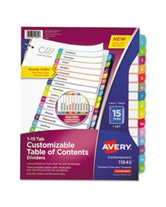 AVE11845 CUSTOMIZABLE TOC READY INDEX MULTICOLOR DIVIDERS, 1-15, LETTER