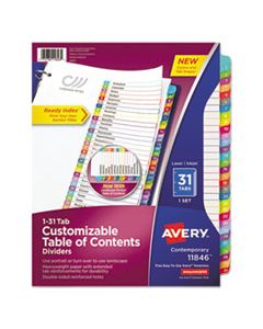 AVE11846 CUSTOMIZABLE TOC READY INDEX MULTICOLOR DIVIDERS, 1-31, LETTER