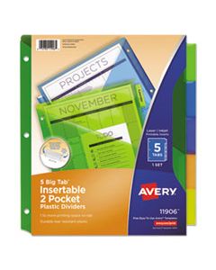 AVE11906 INSERTABLE BIG TAB PLASTIC 2-POCKET DIVIDERS, 5-TAB, 11.13 X 9.25, ASSORTED, 1 SET