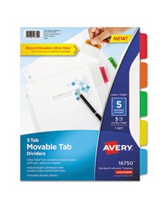 AVE16750 MOVABLE TAB DIVIDERS WITH COLOR TABS, 5-TAB, 11 X 8.5, WHITE, 1 SET