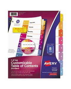 AVE11133 CUSTOMIZABLE TOC READY INDEX MULTICOLOR DIVIDERS, 8-TAB, LETTER