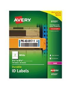 AVE61531 DURABLE PERMANENT ID LABELS WITH TRUEBLOCK TECHNOLOGY, LASER PRINTERS, 3.25 X 8.38, WHITE, 3/SHEET, 50 SHEETS/PACK