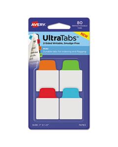 AVE74763 ULTRA TABS REPOSITIONABLE MINI TABS, 1/5-CUT TABS, ASSORTED PRIMARY COLORS, 1" WIDE, 80/PACK