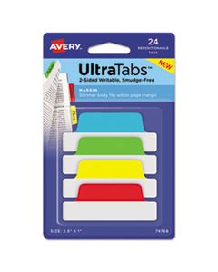 AVE74768 ULTRA TABS REPOSITIONABLE MARGIN TABS, 1/5-CUT TABS, ASSORTED PRIMARY COLORS, 2" WIDE, 24/PACK