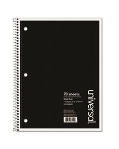 UNV66620 WIREBOUND NOTEBOOK, 1 SUBJECT, WIDE/LEGAL RULE, BLACK COVER, 10.5 X 8, 70 SHEETS