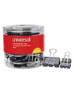 UNV11160 BINDER CLIPS IN DISPENSER TUB, ASSORTED SIZES, BLACK/SILVER, 60/PACK