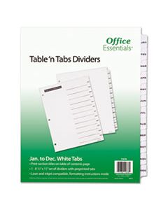 AVE11678 TABLE 'N TABS DIVIDERS, 12-TAB, JAN. TO DEC., 11 X 8.5, WHITE, 1 SET