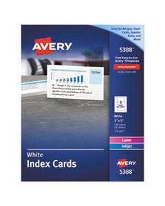 AVE5388 UNRULED INDEX CARDS FOR LASER AND INKJET PRINTERS, 3 X 5, WHITE, 150/BOX