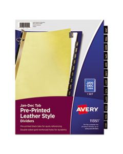 AVE11351 PREPRINTED BLACK LEATHER TAB DIVIDERS W/GOLD REINFORCED EDGE, 12-TAB, LTR