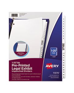 AVE11370 PREPRINTED LEGAL EXHIBIT SIDE TAB INDEX DIVIDERS, AVERY STYLE, 25-TAB, 1 TO 25, 11 X 8.5, WHITE, 1 SET