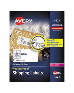 AVE5523 WEATHERPROOF DURABLE MAILING LABELS W/ TRUEBLOCK TECHNOLOGY, LASER PRINTERS, 2 X 4, WHITE, 10/SHEET, 50 SHEETS/PACK