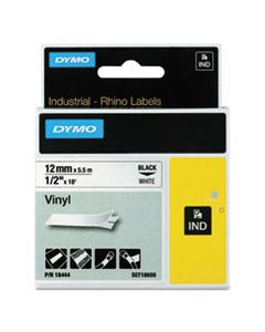 DYM18444 RHINO PERMANENT VINYL INDUSTRIAL LABEL TAPE, 0.5" X 18 FT, WHITE/BLACK PRINT