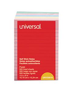 UNV35616 SELF-STICK NOTE PADS, 4 X 6, LINED, ASSORTED PASTEL COLORS, 100-SHEET, 5/PK