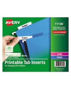 AVE11136 TABS INSERTS FOR HANGING FILE FOLDERS, 1/5-CUT TABS, WHITE, 2" WIDE, 100/PACK