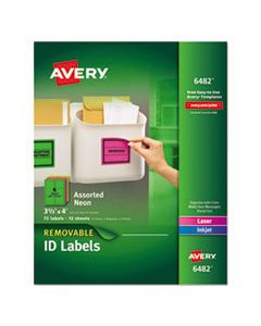 AVE6482 HIGH-VIS REMOVABLE LASER/INKJET ID LABELS W/ SURE FEED, 3 1/3 X 4, NEON, 72/PK