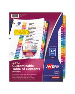 AVE11125 CUSTOMIZABLE TOC READY INDEX MULTICOLOR DIVIDERS, 26-TAB, LETTER