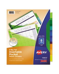 AVE11903 INSERTABLE BIG TAB PLASTIC 1-POCKET DIVIDERS, 8-TAB, 11.13 X 9.25, ASSORTED, 1 SET