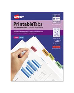 AVE16281 PRINTABLE PLASTIC TABS WITH REPOSITIONABLE ADHESIVE, 1/5-CUT TABS, ASSORTED COLORS, 1.25" WIDE, 96/PACK