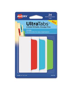 AVE74775 ULTRA TABS REPOSITIONABLE WIDE TABS, 1/3-CUT TABS, ASSORTED PRIMARY COLORS, 3" WIDE, 24/PACK