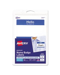 AVE5141 PRINTABLE ADHESIVE NAME BADGES, 3.38 X 2.33, BLUE "HELLO", 100/PACK