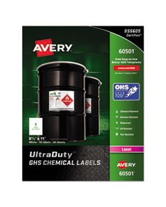 AVE60501 ULTRADUTY GHS CHEMICAL WATERPROOF AND UV RESISTANT LABELS, 8.5 X 11, WHITE, 50/BOX