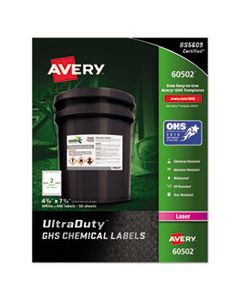 AVE60502 ULTRADUTY GHS CHEMICAL WATERPROOF AND UV RESISTANT LABELS, 4.75 X 7.75, WHITE, 2/SHEET, 50 SHEETS/BOX