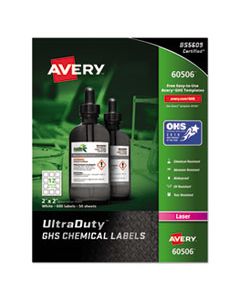 AVE60506 ULTRADUTY GHS CHEMICAL WATERPROOF AND UV RESISTANT LABELS, 2 X 2, WHITE, 12/SHEET, 50 SHEETS/BOX