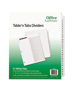 AVE11680 TABLE 'N TABS DIVIDERS, 31-TAB, 1 TO 31, 11 X 8.5, WHITE, 1 SET
